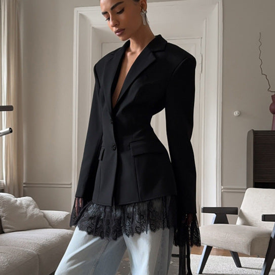 Black Structures Blazer Dress with Lace Hem