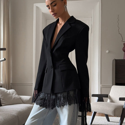 Black Structures Blazer Dress with Lace Hem